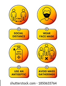 safety instructions for covid 19 during quarantine. wear a mask. keep your distance. avoid mass gatherings, use antiseptic. vector illustration