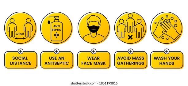 safety instructions for covid 19 during quarantine. wear a mask. keep your distance. avoid mass gatherings. use an antiseptic. wash your hands. vector illustration