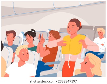 Safety instructions and life vest demonstration by stewardess in cabin of airplane vector illustration. Cartoon flight attendant standing in aisle between passenger seats, introducing safety jacket