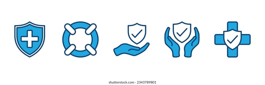 Safety insurance icons set in color style. Health protection, tire floating, hand holding shield with check mark or tick symbol. Vector illustration