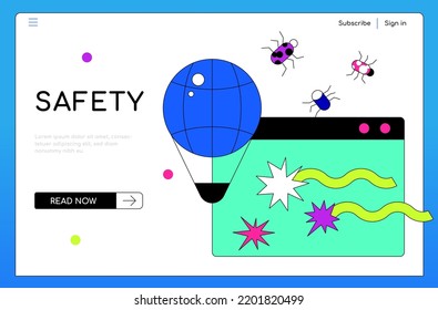 Safety and internet connection - colorful flat design style illustration with linear elements, place for text. Neon colored header with browser window, global web and bug viruses. Hacking the system