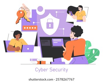 Safety Internet Day concept. Diverse people secure digital data with strong passwords and encryption. Online privacy protection, cyber security measures. Vector illustration.