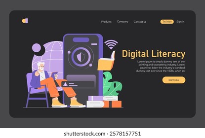 Safety Internet Day concept. Elderly man learning digital literacy on the computer with a secure network. Online education and cyber protection. Vector illustration.