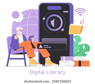 Safety Internet Day concept. An elderly man uses a secure smartphone signifying cybersecurity. Through digital literacy, online safety is maintained. Vector illustration.