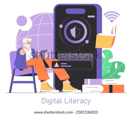 Safety Internet Day concept. An elderly man uses a secure smartphone signifying cybersecurity. Through digital literacy, online safety is maintained. Vector illustration.