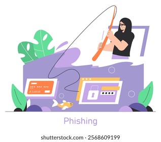 Safety Internet Day concept. Illustration of a cyber thief phishing for credit card information with a fishing rod. Online security awareness. Vector illustration.