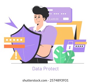 Safety Internet Day concept. Online security and personal data protection. User embracing shield with password and bank card icons. Vector illustration.