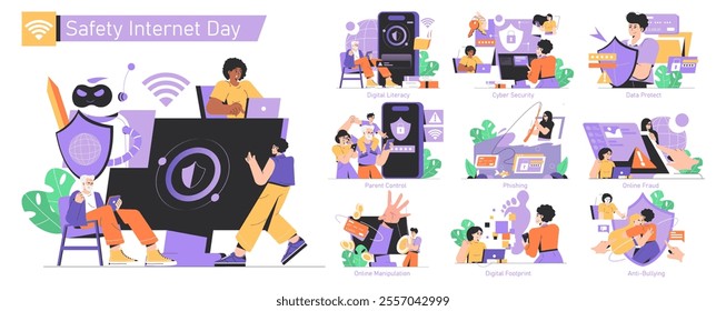 Safety Internet Day concept. People engaging with digital security measures and facing online risks. Diverse scenarios featuring cybersecurity awareness. Vector illustration.