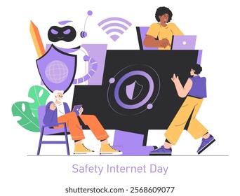 Safety Internet Day concept. People using secure devices with protective icons, illustrating online privacy. Public awareness and cyber security education. Vector illustration.