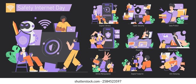 Safety Internet Day set. Promoting secure online practices and awareness. Covers digital literacy, cyber security, data protection, and anti-bullying. Vector illustration.