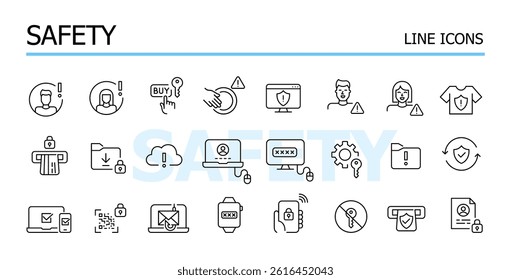 Safety issues, warning signs and alerts. Security of data and transactions. Vector icons set