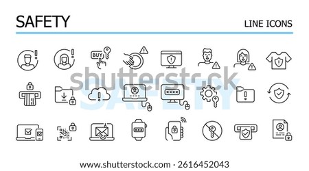 Safety issues, warning signs and alerts. Security of data and transactions. Vector icons set
