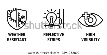 Safety Jacket advantages bold icons set - High Visibility, Weather Resistant, Reflective Strips. Pictograms for labeling