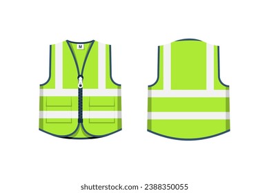 Icono plano de la chaqueta de seguridad. Vestido verde de emergencia, vistas frontal y posterior. uniforme especial. chaleco de seguridad reflexivo. Diseño plano de ilustración vectorial. Aislado sobre fondo blanco.