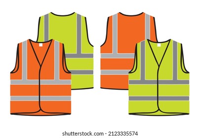 SAFETY Jacket FRONT AND BACK design vector illustartion, reflective safety vest orange AND GREEN in colour jacket isolated