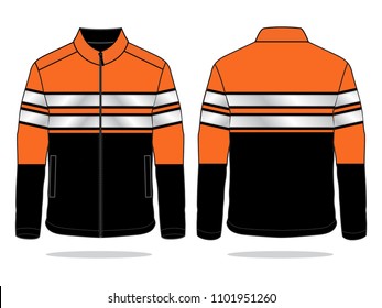 Safety Jacket Orange-Black With  Reflective Double Tape Design Vector.Front And Back View.