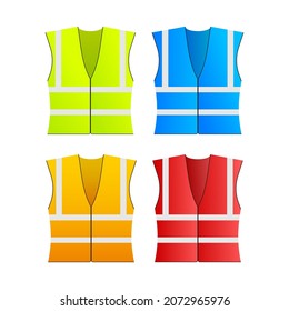 Safety jacket security. Set of yellow and orange work uniform with reflective stripes. Vector stock illustration