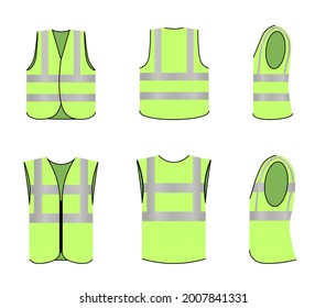 Safety jacket uniform with reflective fluorescent stripe set. Vest workwear for security or construction site worker, engineer sleeveless apparel vector illustration isolated on white background