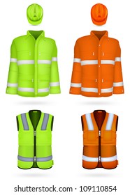 Safety jacket, vest and hardhat.