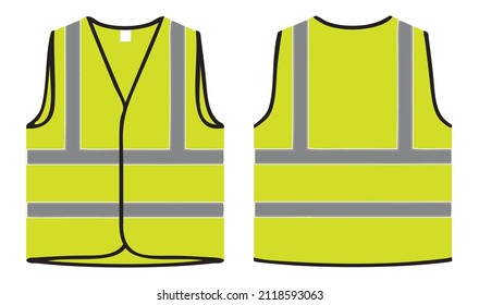 Safety Jacket or safety vest vector illustration, yellow safety jacket front and back realistic view, reflected yellow jacket front and back view for mockup design svg