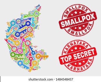 Safety Karnataka State map and stamps. Red rounded Top Secret and Smallpox scratched stamps. Colored Karnataka State map mosaic of different safety items. Vector composition for safety purposes.