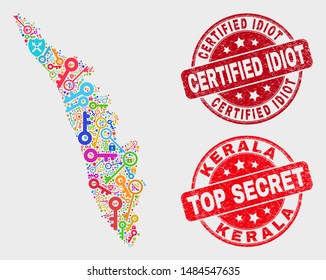 Safety Kerala State map and seal stamps. Red rounded Top Secret and Certified Idiot distress seal stamps. Colored Kerala State map mosaic of different safety items.