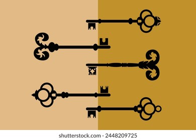 Safety key silhouettes. Secret keys graphics, open Victorian room antique clef icons, and modern keys.