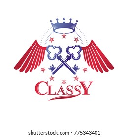 Safety keys decorative emblem composed with pentagonal stars and bird wings. Heraldic vector design element. Retro style label, heraldry logo, defense vintage symbol.