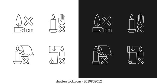 Etiqueta de seguridad para velas de iconos de etiqueta manual lineal establecidos para el modo oscuro y luminoso. Símbolos de línea delgada personalizables. Ilustraciones aisladas de esquema vectorial para instrucciones de uso del producto. Trazo editable