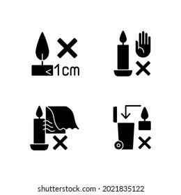 Safety label for handmade candles black glyph manual label icons set on white space. Burning candles correctly. Silhouette symbols. Vector isolated illustration for product use instructions