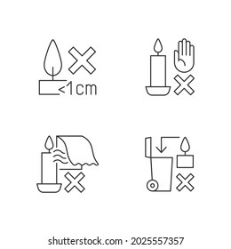 Etiqueta de seguridad para velas hechas a mano ajuste de iconos de etiquetas manuales lineales. Símbolos de contorno de línea delgada personalizables. Ilustraciones aisladas de esquema vectorial para instrucciones de uso del producto. Trazo editable