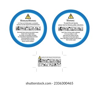 Safety labels with blue border and bottom label with icons for candles. Vector