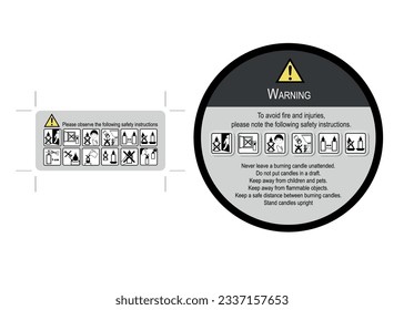 Safety labels in gray and floor label with icons for candles. Vector