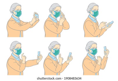Safety life of elderly for communication and social distancing during the coronavirus epidemic or new normal concept. Illustration, shape, line, art, retro style in vector isolated on background.