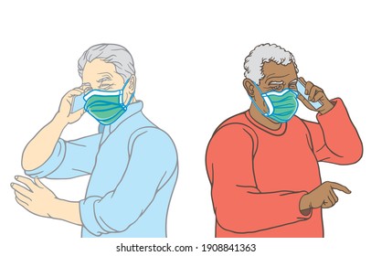 Safety life of elderly for communication and social distancing during the coronavirus epidemic or new normal concept. Illustration, shape, line, art, retro style in vector isolated on background.