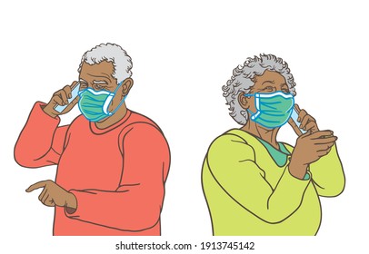 Safety life of elderly for communication and social distancing during the coronavirus epidemic or new normal concept. Illustration, shape, line, art, retro style in vector isolated on background.