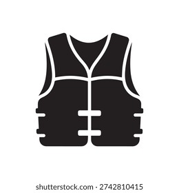 Safety Life Jacket Vector Icon - Black Minimalist Personal Flotation Device Silhouette for Maritime Security and Water Sports Signage