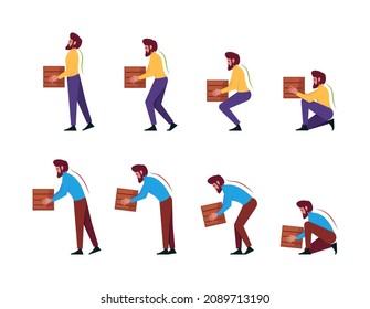 Safety lifting. Correct and incorrect instruction for moving heavy packages for workers ergonomic movement for loading objects garish vector flat characters