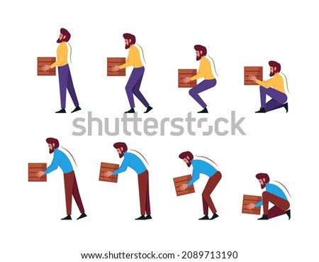 Safety lifting. Correct and incorrect instruction for moving heavy packages for workers ergonomic movement for loading objects garish vector flat characters