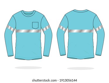 Safety Light Blue Long Sleeve T-Shirt With Gray Reflective Tape Design on White Background.Front and Back View