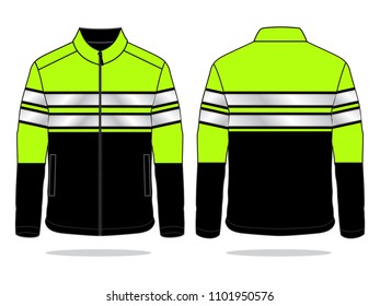 Safety Lime-Black Jacket with Double Reflective Tapes on White Background. Front and Back Views, Vector File.