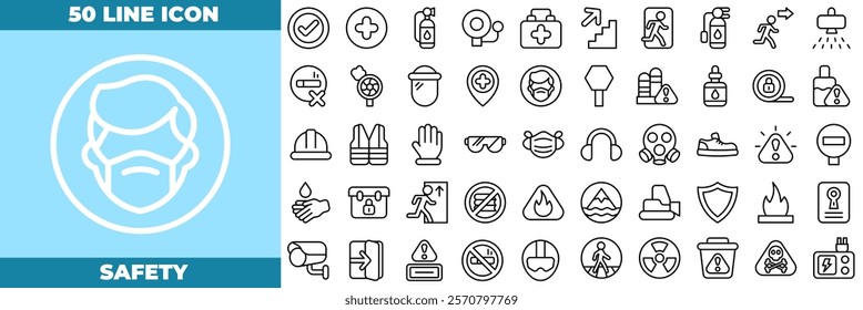 Safety Line Editable Icons set. Vector illustration in modern thin line style of safety icons: Hard Hat, Safety Glasses, Ear Protection, Safety Shoes, etc