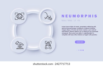 Safety line icon. Biometrics, security, facial recognition, fingerprint scanning, iris detection. Neomorphism style. Vector line icon for business and advertising