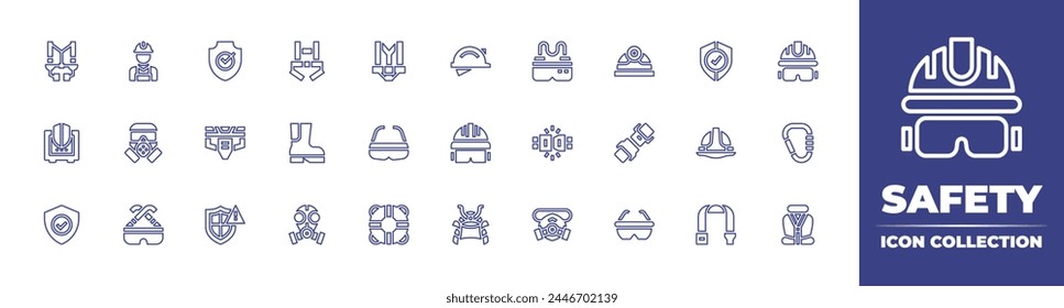 Safety line icon collection. Editable stroke. Vector illustration. Containing protection, boot, gas mask, lifesaver, safety glasses, seat belt, glasses, helmet, safe box, harness, samurai.