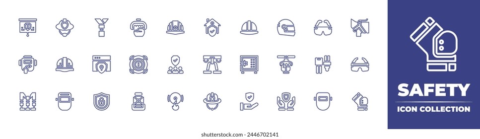 Safety line icon collection. Editable stroke. Vector illustration. Containing shield, fire alarm, helmet, security, welding mask, harness, safety harness, safety, car chair, firefighter helmet.