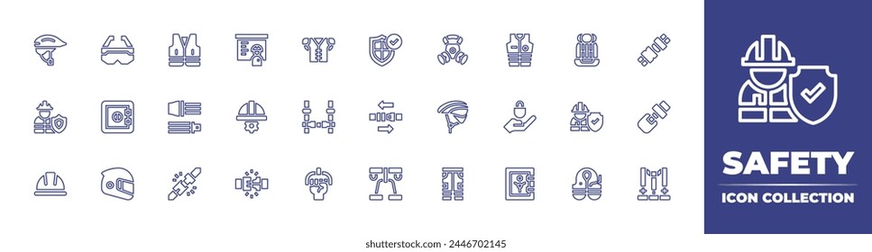 Safety line icon collection. Editable stroke. Vector illustration. Containing security helmet, helmet, pants, belt, safety box, safety harness, safety, seat belt, handle, bike helmet.