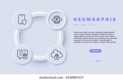 Safety line icon. Security, personal data, privacy, Eye, smartphone, shield, closed lock, message, cloud saving. Neomorphism style. Vector line icon for business and advertising