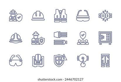 Conjunto de iconos de línea de seguridad. Trazo editable. Ilustración vectorial. Contiene casco de seguridad, escudo, trabajador, chaleco, alarma de incendios, protección, gafas de seguridad, cinturón de seguridad, seguridad, caja de seguridad.