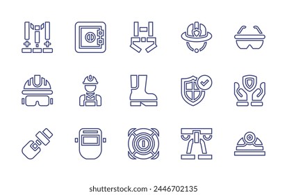 Safety line icon set. Editable stroke. Vector illustration. Containing worker, protection, helmet, shield, boot, welding mask, harness, safety belt, safety.