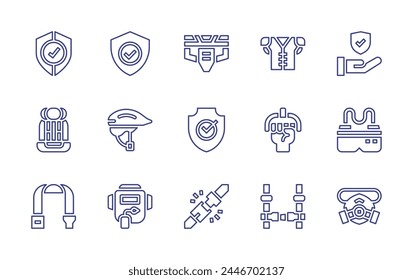 Conjunto de iconos de línea de seguridad. Trazo editable. Ilustración vectorial. Conteniendo confiable, casco de bicicleta, máscara de gas, cinturón de seguridad, cinturón de seguridad, asiento de coche de bebé, gafas, máscara de soldadura, manija.